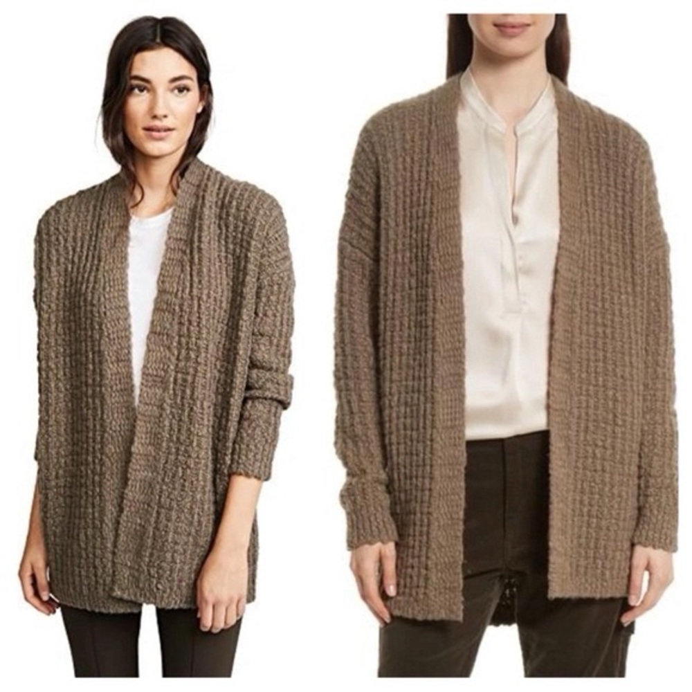 Vince Wool Cashmere Blend Waffle Stitch Open Front Cardigan Sweater Brown Gray S